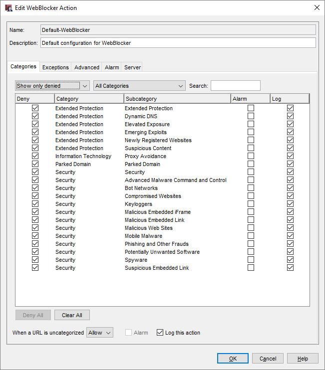 WebBlocker Usability Enhancements 53 WebBlocker action configuration in Policy Manager To see a list of denied categories, select the filter Show only