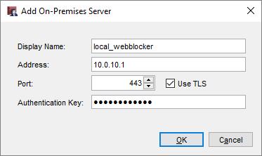 WebBlocker configuration Address WebBlocker Server host name or IP address Port and TLS options Default settings