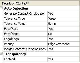 Contact Folder: Details Auto detection types: Face/Face Face/Edge Edge/Edge Priority for type during auto generation Joins solid and surface bodies together by defining contact relationship between