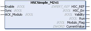 Function Blocks HSCSimple_M241: HSC Simple Function Block Function Description This function block controls a Simple type counter with the following reduced functions: one-way counting no threshold