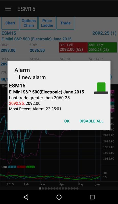 In the Alarms list, you will see that depending on the options you just set, you will have alarms written with red or green text.