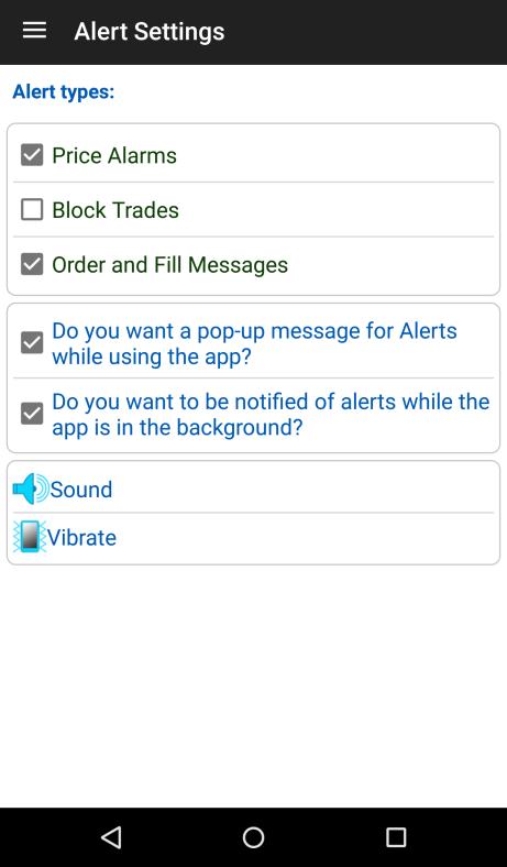 "Do you want a pop-up message for Alerts while using the app?" - This will display a dialog while using the app when an alert arrives for any checked alert type.
