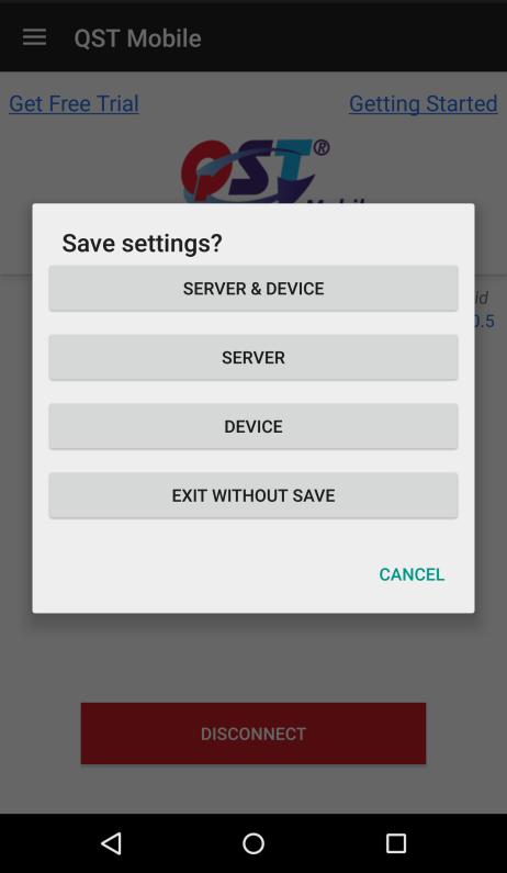 Logging out To exit the application, open the vertical menu and select the Logout item. A screen will appear similar to the Login screen. You will see a checkbox for Save Settings.