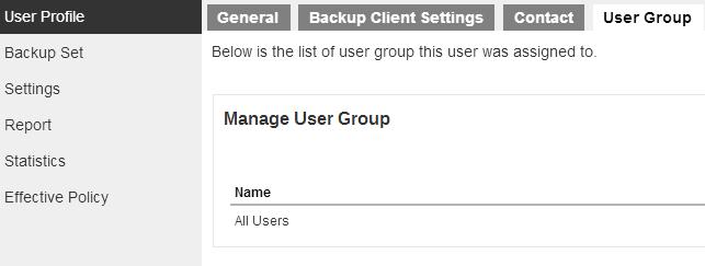 User Group Tab The following shows the User Group tab under the User Profile settings page. It shows the user group your user account belongs to.