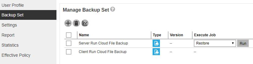 For Cloud File Restore Click on the User icon. Select Backup Set from the left panel, then select Restore under Execute Job drop down menu, then click Run.