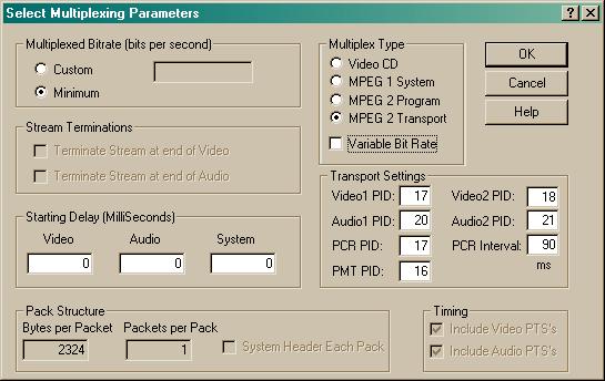 3.2 Configure The Configure button allows complete customization of the multiplexing process. The MPEG specification allows a rather wide variety of multiplexing options. 3.2.1.