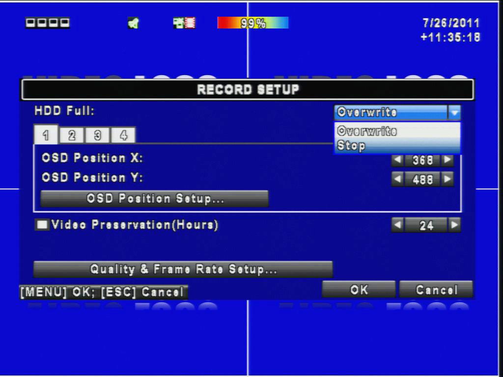 3.2 RECORD SETUP Parameter HDD Full Select Stop to stop recording or Overwrite to re-use the hard disk when it is full. [Stop] stops the recording.
