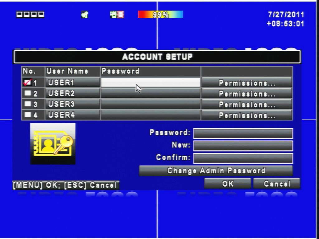 3.6 ACCOUNT SETUP The Account Setup menu is used to set up passwords for users and assign them rights. This menu is also used to change the admin password, which is "123456" by default. Parameter No.
