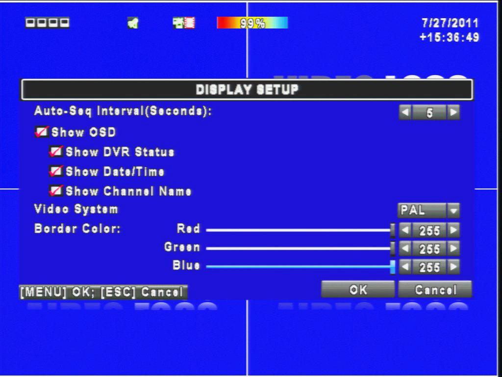 Display settings: displaying information contained in the OSD Item Auto-Seq Interval (seconds) Show OSD Show DVR Status Show Date/Time Show Channel Name Video System Border Color Sets the time (in