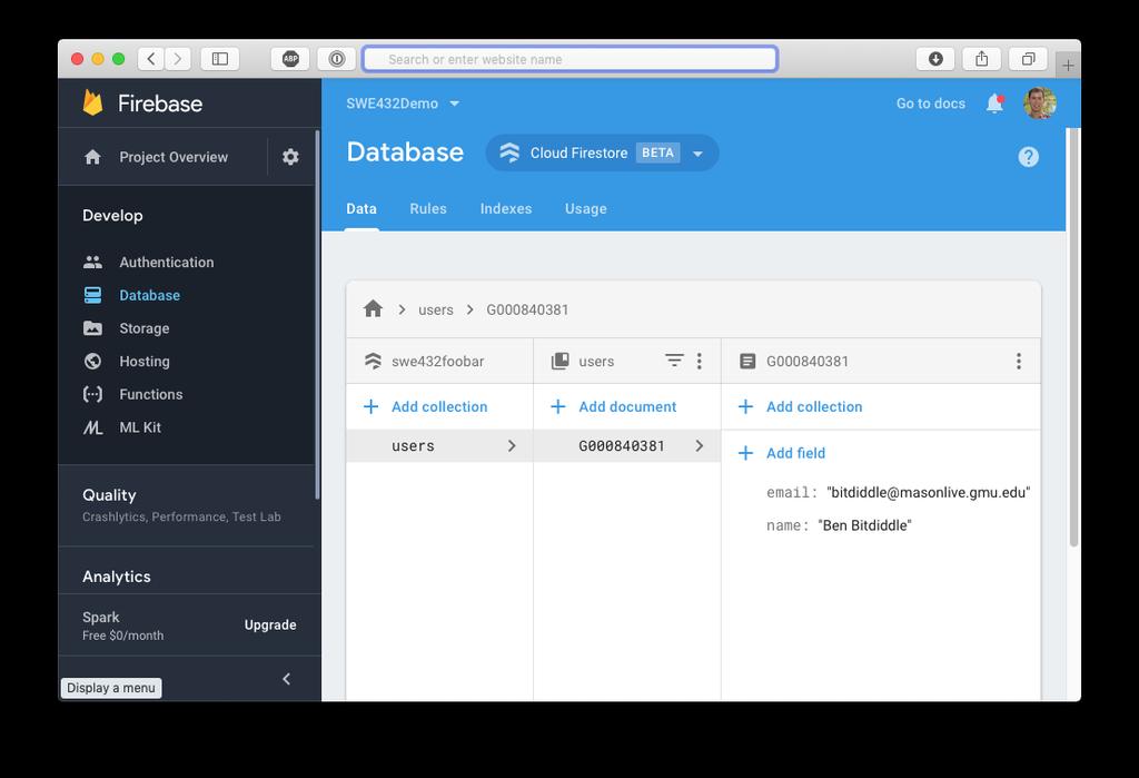 Firebase Console See data values, updated in realtime
