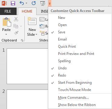 Chapter 2 The Interface The Quick Access Toolbar The Quick Access toolbar contains commands available through the various tabs and dialog boxes of the PowerPoint interface, but will always display