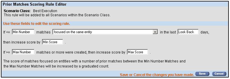 About the Alert Scoring Editor Screen Elements Chapter 4 Alert Scoring Editor For each rule variation for a Threshold Set, you can do the following: Enter new values Prior Matches Scoring Rule Editor