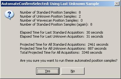 Now click the following checkboxes: Confirm Standard Positions, Acquire Standard Samples (optional since you may have just done this), Acquire Unknown Samples, Acquire Standards Again, and optionally