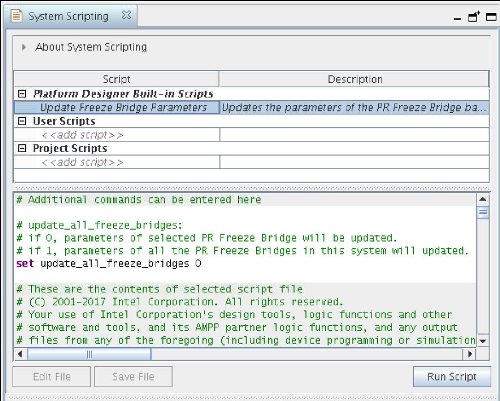 2. Partial Reconfiguration Solutions IP User Guide Figure 72. Platform Designer System Scripting Tab 2.8.3.
