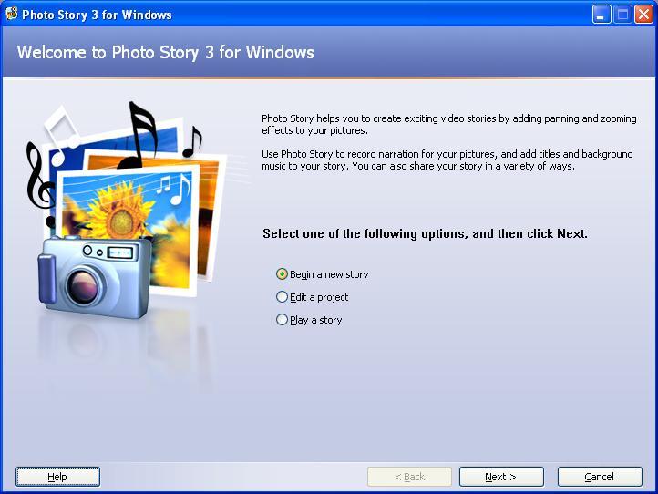 Microsoft Photostory 3 for Windows XP Open the following URL to download Photostory3 and to learn more about using the