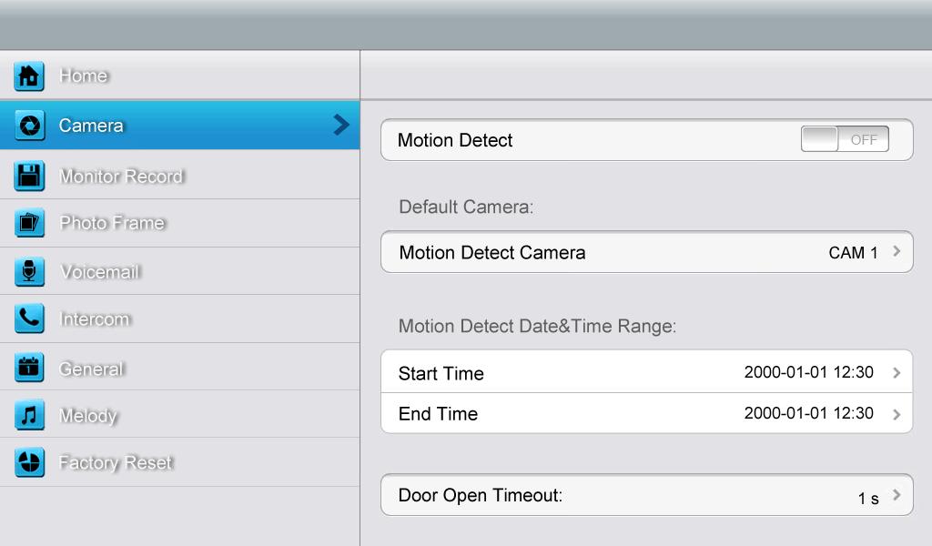 In this page, you can turn [Motion Detect] on or off, set camera as default for monitoring, set default camera for motion detection, set detection start & end time and set door open timeout.