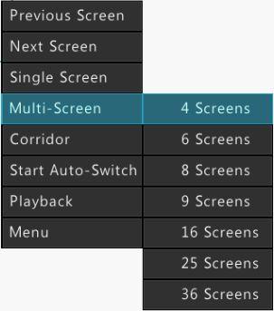 Previous Screen Next Screen Single Screen Multi-Screen Corridor Start Auto-Switch Stop Auto-Switch Playback Menu Switch to the previous or next screen.