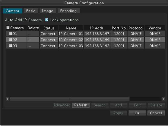 The device with PoE ports or switching ports does not support the auto-add function. 1. Click Menu> Camera> Camera. 2. Select Auto-Add IP Camera.