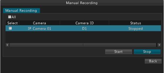 To stop manual recording, click Menu>Recording, select the camera, and then click Stop. The number of supported channels may vary with device model.