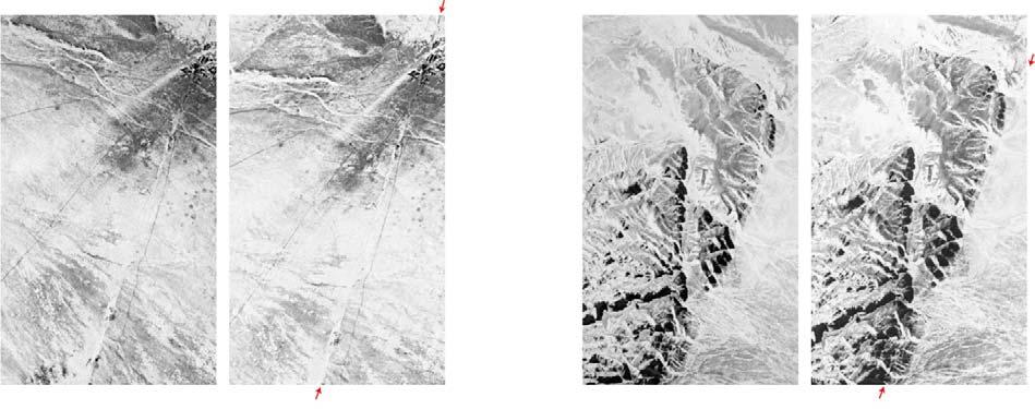 Fig. 8 Comparison of stereoscopic images of location ST1, shown in figure 4. CORONA satellite images (upper) and ALOS/PRISM images (lower). CORONA satellite images are unsuitable for stereo viewing.