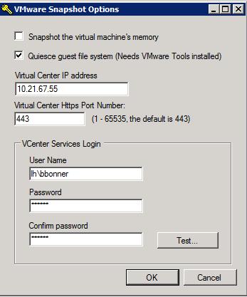 Figure 2: VMware Snapshot Options 6. Verify that the configuration works by clicking Test.