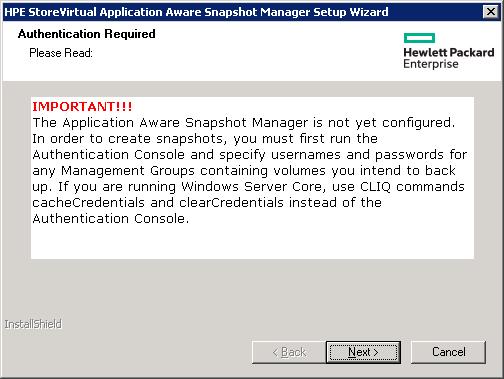 Figure 1: Reminder to set management group credentials 8. Click Next when you have finished reading the message. 9. Click Finish to complete the installation.