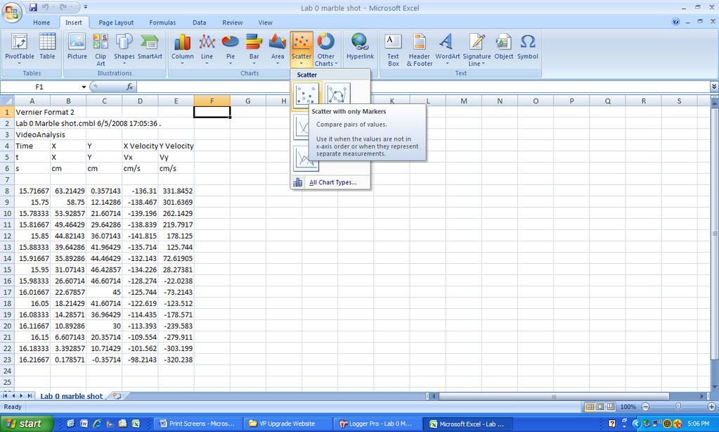 Verify Tab is selected, then click Next, and then Finish. You will now see your data from LoggerPro in an Excel spreadsheet.