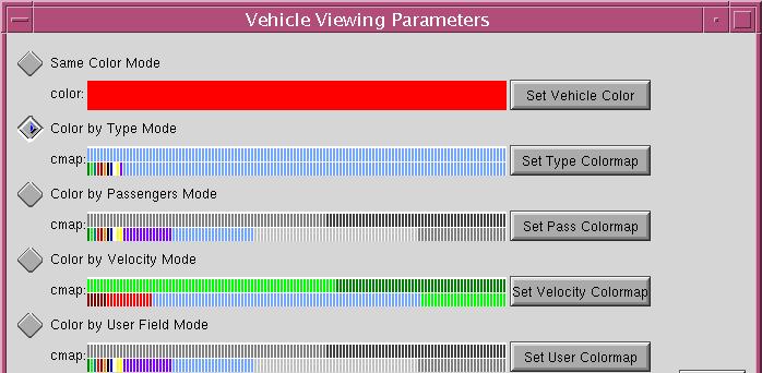 Volume Three Modules 01 March 2002 27 Fig. 14. The Vehicle Viewing Parameters dialog box. 2.2.4 Modes Menu The Modes menu option (Table 6) enables users to select various modes, such as whether to use the lighting model, overlay mode, 3-D or 2-D network, etc.
