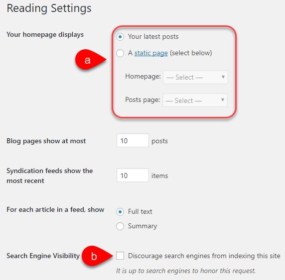 VII. Finishing Up There are a couple things to do to finish your site set the homepage and make the site visible to searches. Both of these things are done in the Reading settings. 1.