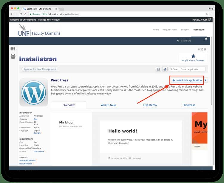 3. You will now see the Installatron WordPress screen. Click the + install this application button.