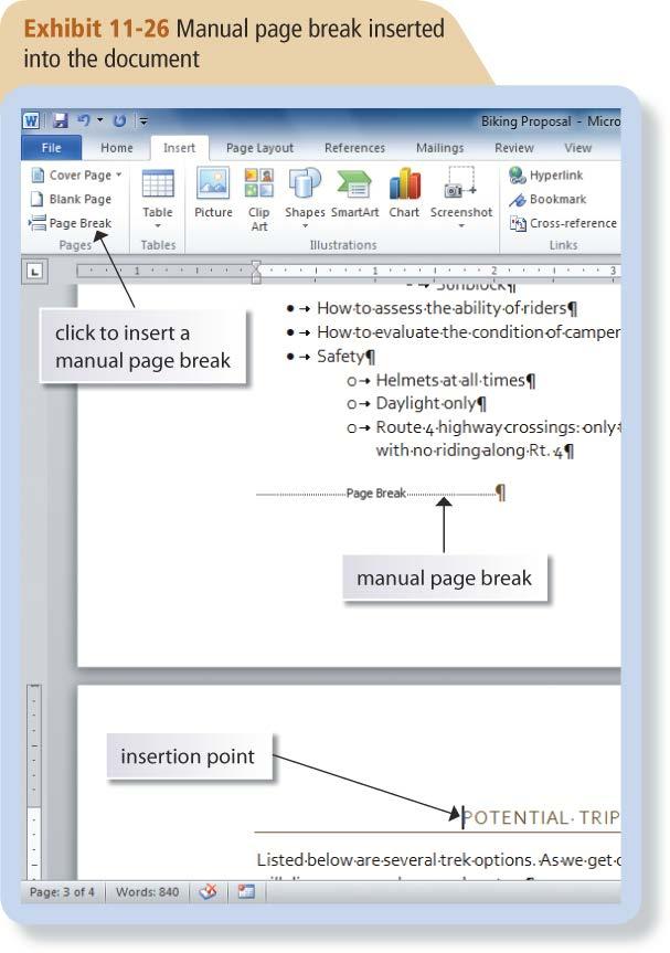 LO11.6: Inserting a Manual Page Break Automatic page breaks (soft page breaks) are created when content fills a page and a new page is created automatically.