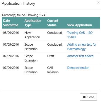 8.2. View application history Click on the link to app history in blue from the accreditation page: All applications will be