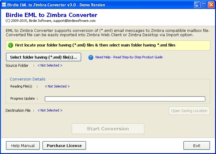 8. After Clicking on finish button, software will launch the first screen. Welcome screen of Birdie EML to Zimbra Converter will appear like this.