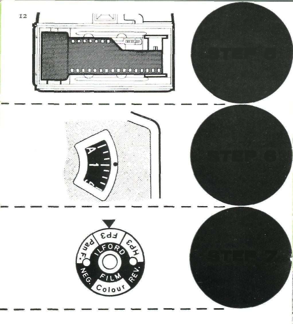 STEP 5 Step 5. Ensure that the sprockets are engaged with the film perforations. Turn the take-up spool with the thumb to take up the tension of the film on the spool.