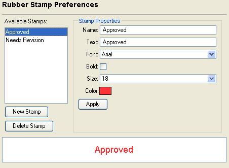 Chapter 5 - Using the Preferences Menu To add a Rubber Stamp, click New Stamp, and fill out the fields for the stamp. The system displays a preview of the stamp at the bottom of the panel.