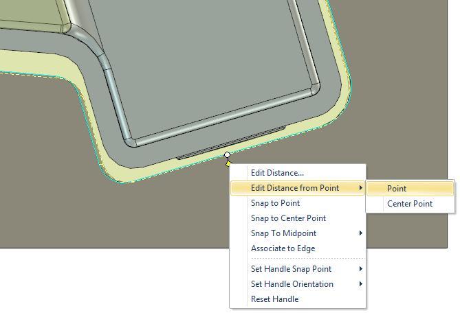By right clicking on the handle and choose Edit Distance from Point -> Point you can control/edit the distance between the curve and the customer product, if it needs to be altered in