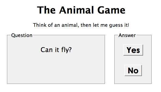 Practice problem: Animal game Write a program that guesses which animal the user is thinking of. The program will arrive at a guess based on the user's responses to yes or no questions.