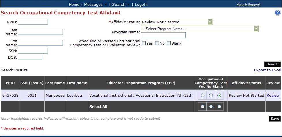 OR If you have multiple applicants on the screen you may answer the Occupational Competency Test question using the Select All radio buttons at the
