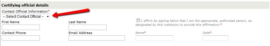 The next screen shows information pertinent to the Applicant at the top of the screen. You are then asked to choose your name from the drop down menu next to Select Contact Official.