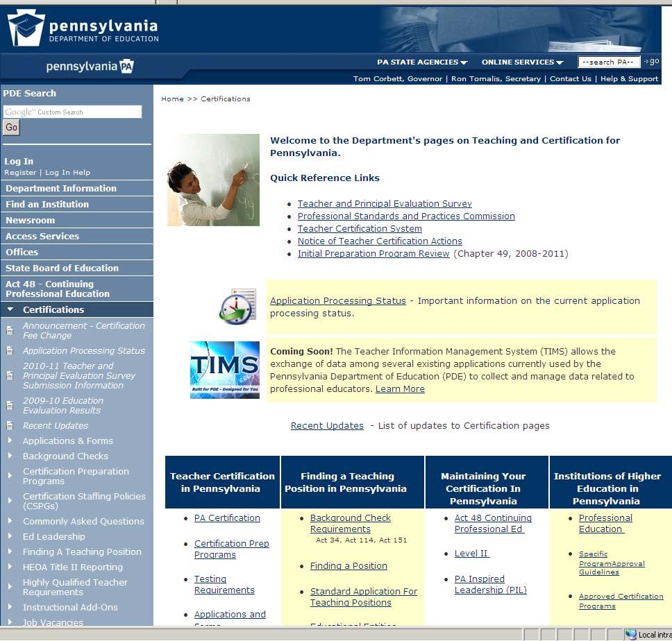 The Educator/Teacher Certification home page will open.