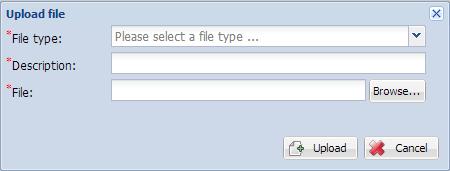 Figure 14: New article - files tab. Clicking on the Upload new file button the Upload file window will be opened. Figure 15: Upload new file view.