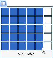 1. Click on the Insert Table icon ( ) on the MS Word Toolbar. A pulldown grid appears. 2. Specify the number of rows and columns you want in your table by dragging out to create a 4 x 5 grid. 3.