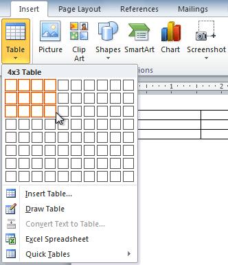 Inserting a new table 5. Click your mouse, and the table appears in the document. 6. You can now place the insertion point anywhere in the table to add text.