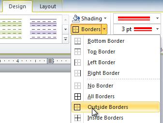 The finished border Modifying a Table Using the Layout Tab Page 5 When you select a table in Word 2010, Design and Layout tabs appear under