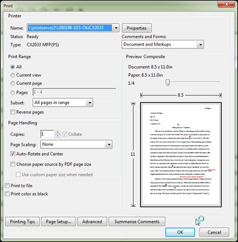 Printing the Annotated PDF If the student wants to print a copy of the paper with the instructor feedback, this can be accomplished by going to File, Print within the