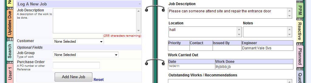 When clicked, it expands to display the fields required to log a job.