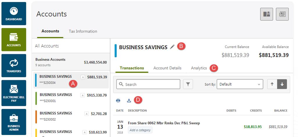 Click on any item in the list to see detailed transaction history, balance information, and account details.