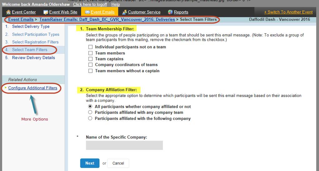 These filters are useful to segment the group further based on participation role, such as team captains, individual participants, or participants associated with a specific company.