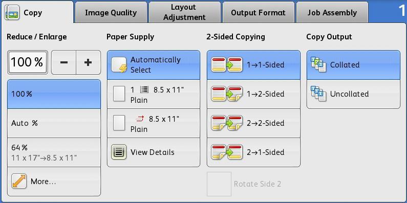 Main Copy Screen Paper Supply: This is where you can choose an individual tray. When it is on Auto Select the machine will determine which tray to pull from be the originals size.