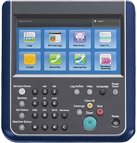 Control Panel Touch Screen Services Home: Will always bring you back to the screen shown below. Job Status: Select this button to active job, completed jobs, and retrieve Secure Print jobs.